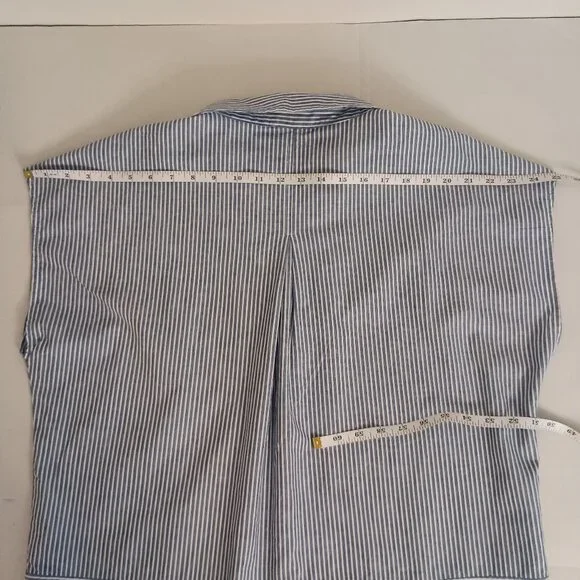 DKNY Comfy Blue White Stripe Linen Blend Sleeveless V-Neck Collared Shirt Wmn L - Picture 10 of 14